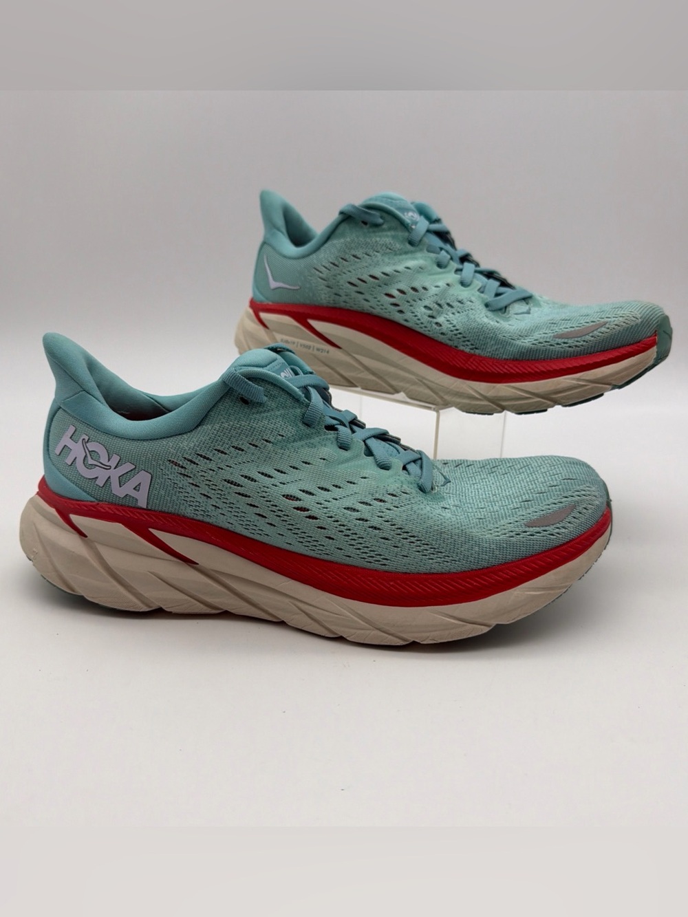 Hoka Womens 9B Clifton 8 Running Shoes Blue Teal Coral Gym Athleisure